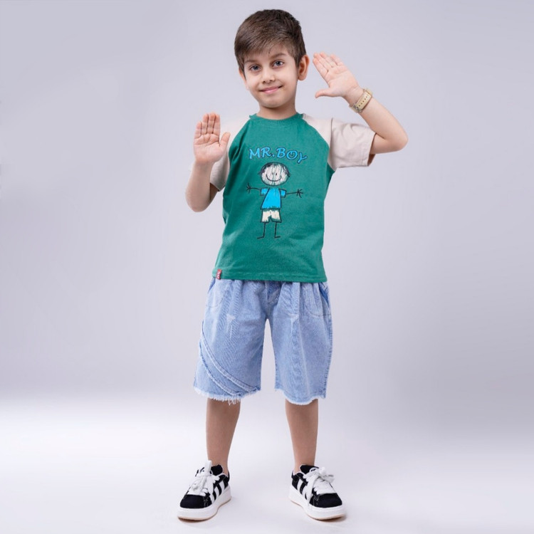 خرید ست پسرانه تیشرت و شلوارک جین | طرح نقاشی | تیشرت پنبه و شلوارک جین | سایز 35 تا 50