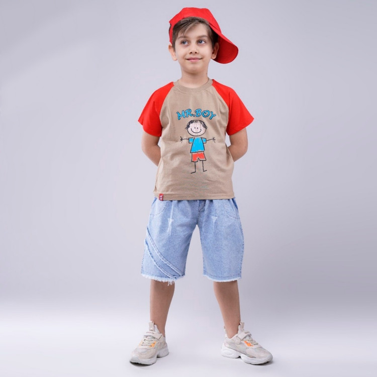 خرید ست پسرانه تیشرت و شلوارک جین | طرح نقاشی | تیشرت پنبه و شلوارک جین | سایز 35 تا 50