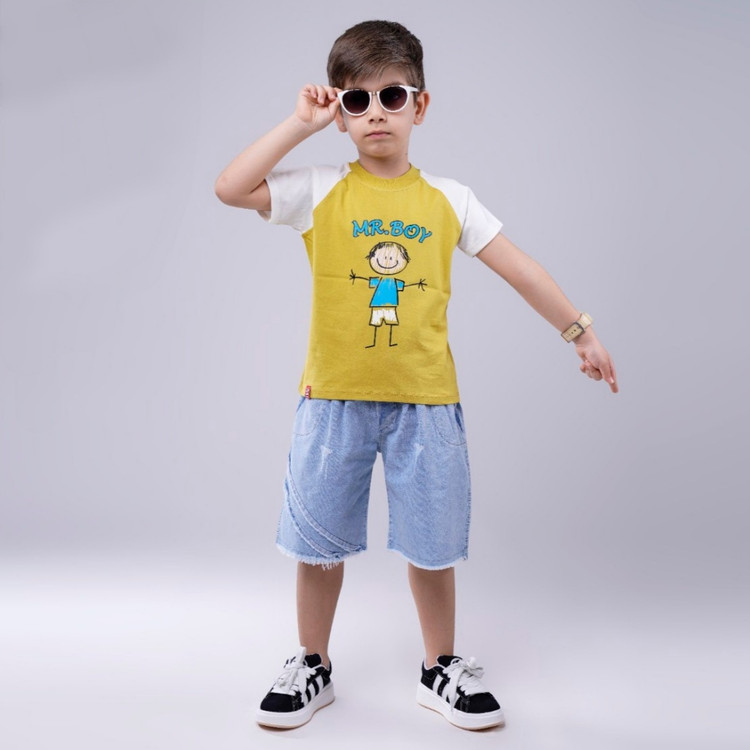 خرید ست پسرانه تیشرت و شلوارک جین | طرح نقاشی | تیشرت پنبه و شلوارک جین | سایز 35 تا 50