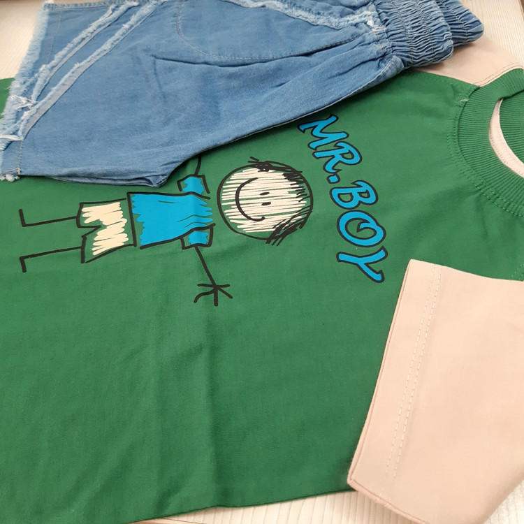 خرید ست پسرانه تیشرت و شلوارک جین | طرح نقاشی | تیشرت پنبه و شلوارک جین | سایز 35 تا 50