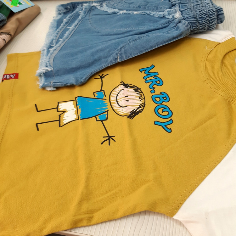 خرید ست پسرانه تیشرت و شلوارک جین | طرح نقاشی | تیشرت پنبه و شلوارک جین | سایز 35 تا 50