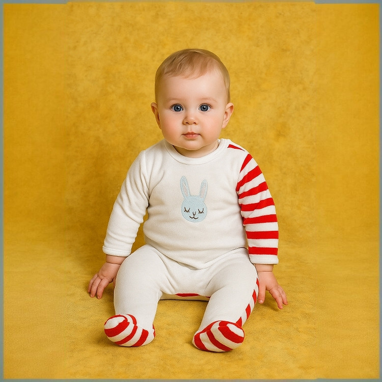 سرهمی نوزادی مخمل Okaidi-Obaibi | طرح خرگوش راه راه | لباس نوزادی فرانسوی اصل | سایز 3m