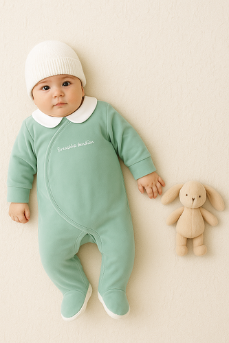 سرهمی نوزادی مخمل Okaidi-Obaibi | سبز سدری | لباس نوزادی فرانسوی اصل | سایز 6m