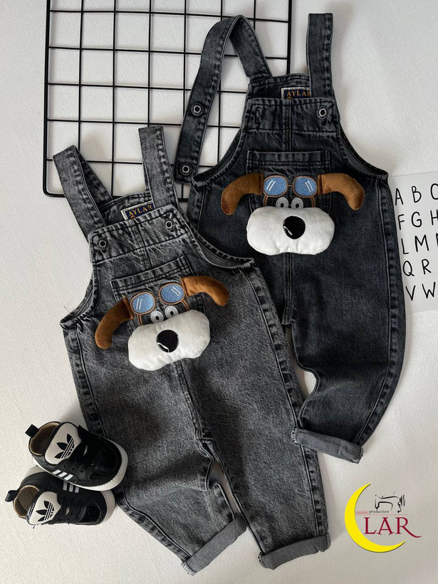 خرید بیلر جین بچگانه طرح سگ خلبان | سرهمی جین پسرانه و دخترانه | رنگبندی آبی و ذغالی