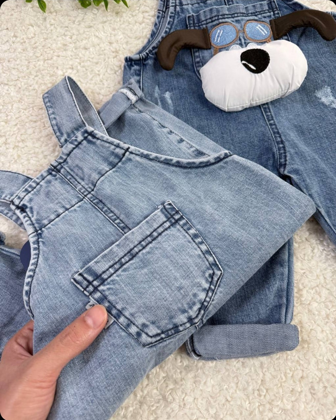 خرید بیلر جین بچگانه طرح سگ خلبان | سرهمی جین پسرانه و دخترانه | رنگبندی آبی و ذغالی