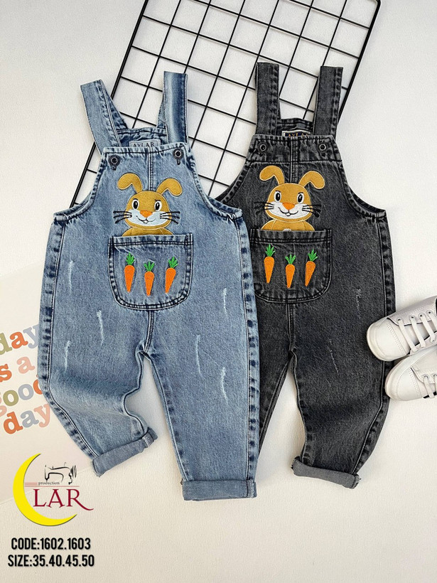 خرید بیلر جین بچگانه طرح گلدوزی خرگوش | سرهمی جین پسرانه و دخترانه | رنگبندی آبی و ذغالی