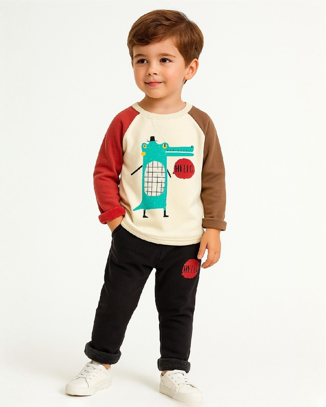 خرید بلوز و شلوار لاینردار پنبه طرح تمساح سایزبندی 90 تا 130 مناسب کودکان سنین 1 تا 5 سال