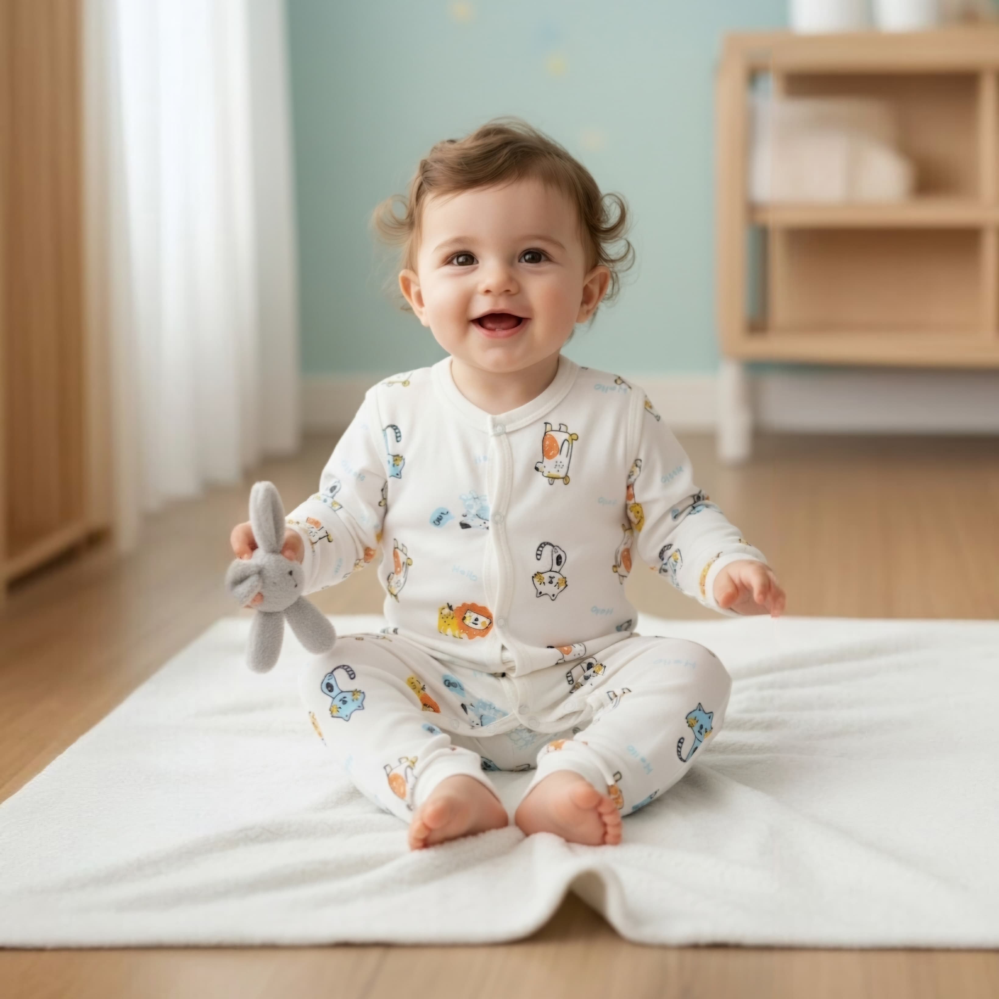 خرید سرهمی پنبه چاپ گربه رنگ سفید استخوانی مناسب نوزاد تا 18 ماهگی | دخترونه و پسرونه