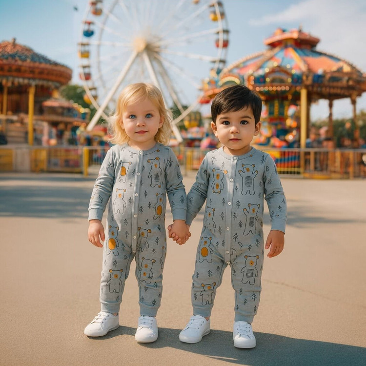 خرید سرهمی پنبه چاپ خرس رنگ طوسی و استخوانی مناسب نوزاد تا 18 ماهگی | دخترونه و پسرونه