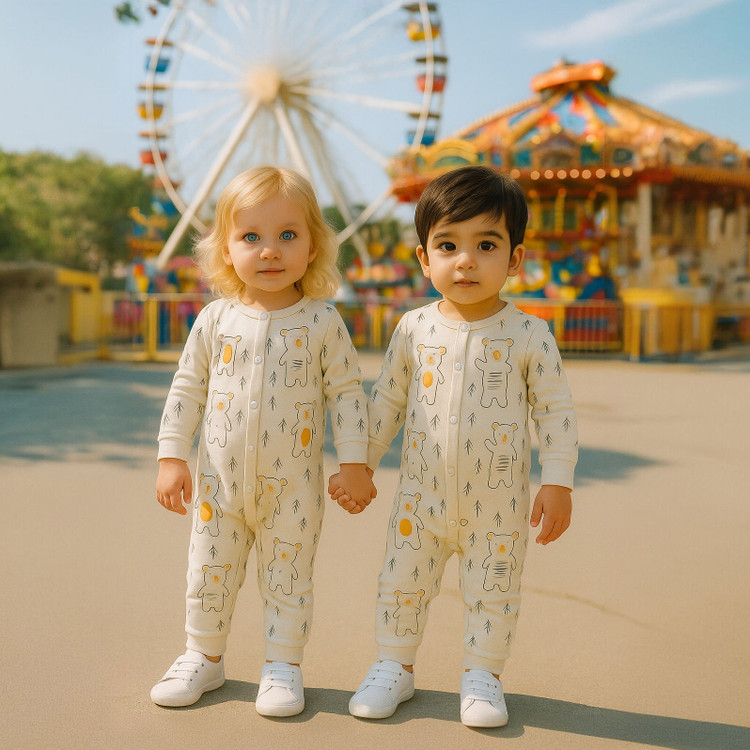 خرید سرهمی پنبه چاپ خرس رنگ طوسی و استخوانی مناسب نوزاد تا 18 ماهگی | دخترونه و پسرونه