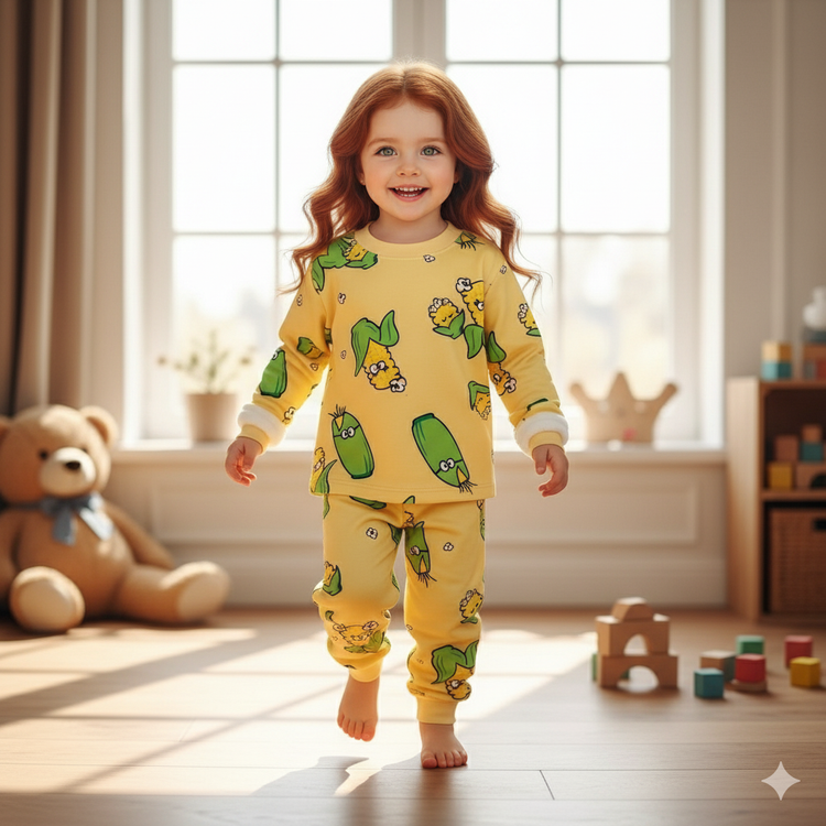 خرید بلوز و شلوار نرمالو | پنبه داخل کرکدار وارداتی گوانگجو | طرح ذرت پفیلایی مناسب 3 تا 6 سالگی