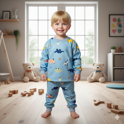 خرید بلوز و شلوار نرمالو | پنبه داخل کرکدار وارداتی گوانگجو | طرح دایناسوری مناسب 3 تا 6 سالگی