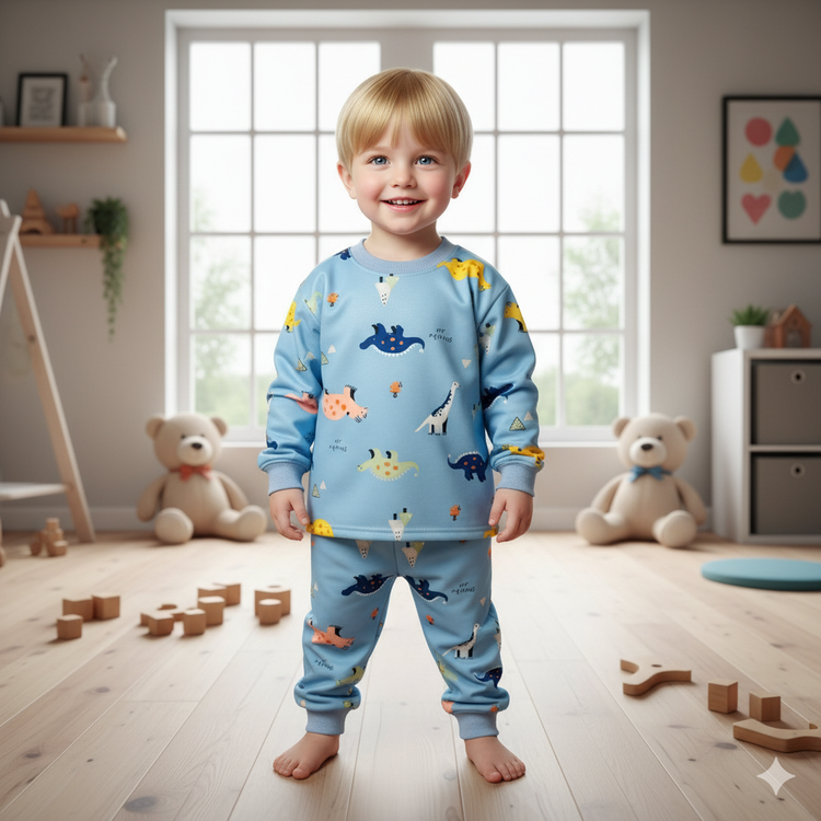 خرید بلوز و شلوار نرمالو | پنبه داخل کرکدار وارداتی گوانگجو | طرح دایناسوری مناسب 3 تا 6 سالگی