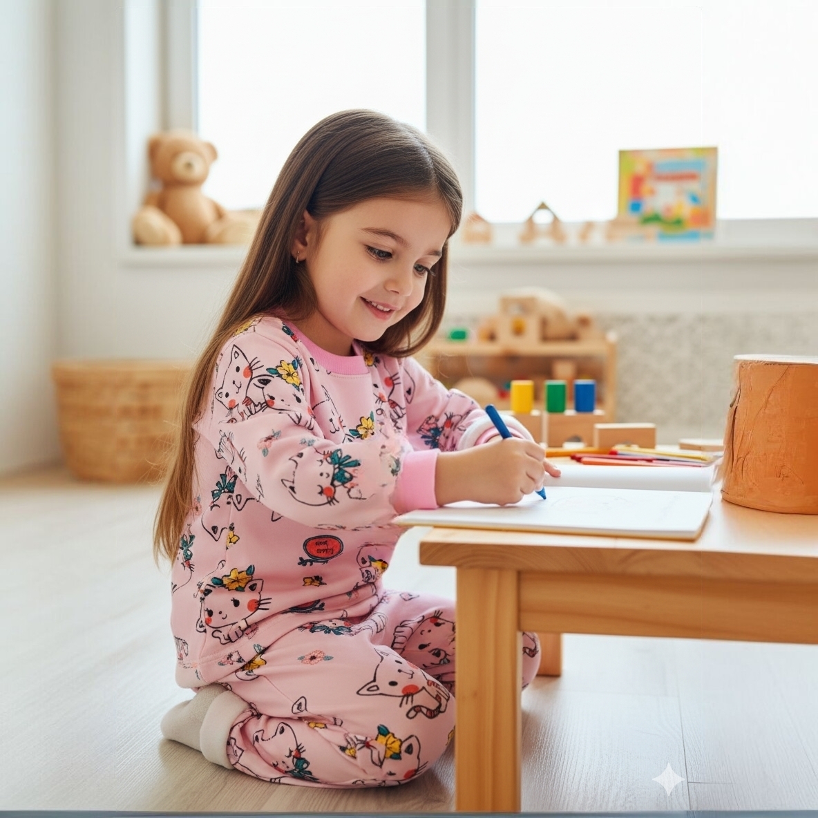 خرید بلوز و شلوار نرمالو | پنبه داخل کرکدار وارداتی گوانگجو | طرح گربه مناسب 3 تا 6 سالگی