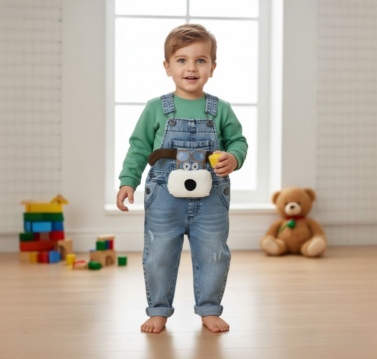 خرید بیلر جین بچگانه طرح سگ خلبان | سرهمی جین پسرانه و دخترانه | رنگبندی آبی و ذغالی