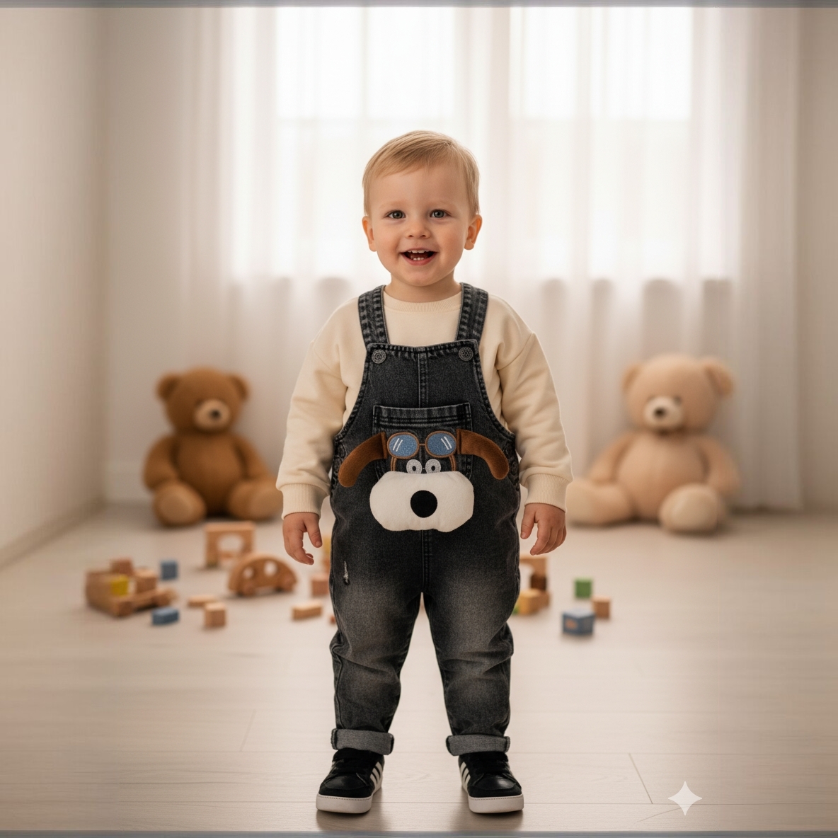 خرید بیلر جین بچگانه طرح سگ خلبان | سرهمی جین پسرانه و دخترانه | رنگبندی آبی و ذغالی