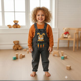 خرید بیلر جین بچگانه طرح گلدوزی خرگوش | سرهمی جین پسرانه و دخترانه | رنگبندی آبی و ذغالی