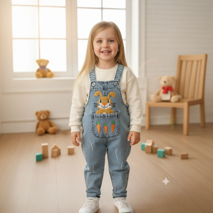 خرید بیلر جین بچگانه طرح گلدوزی خرگوش | سرهمی جین پسرانه و دخترانه | رنگبندی آبی و ذغالی