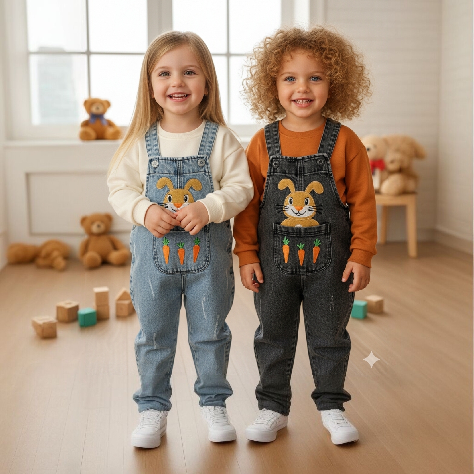 خرید بیلر جین بچگانه طرح گلدوزی خرگوش | سرهمی جین پسرانه و دخترانه | رنگبندی آبی و ذغالی