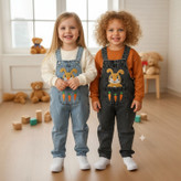 خرید بیلر جین بچگانه طرح گلدوزی خرگوش | سرهمی جین پسرانه و دخترانه | رنگبندی آبی و ذغالی