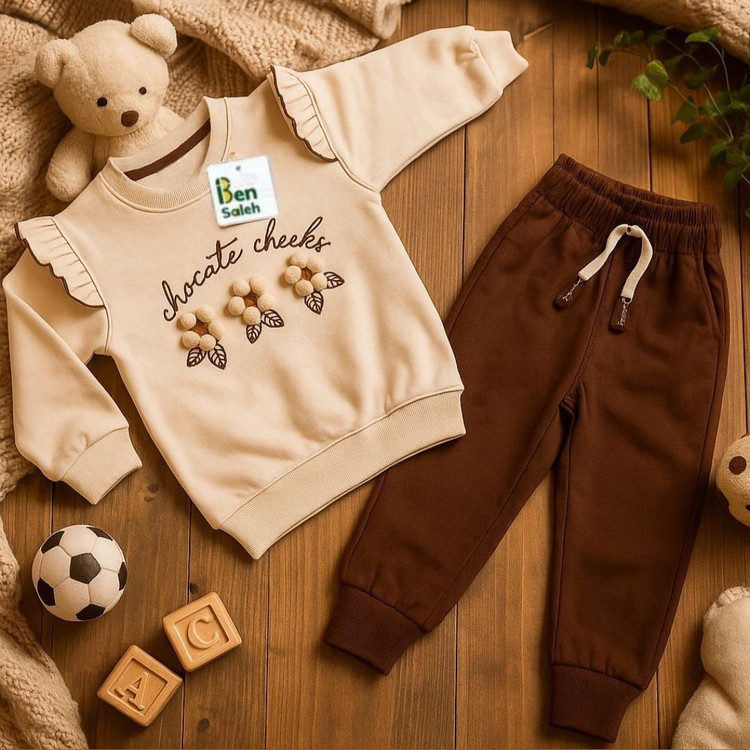 خرید ست بلوز دورس گل برجسته و شلوار جاگر کتان | ست اسپرت دخترانه مناسب سایز 35 تا 45