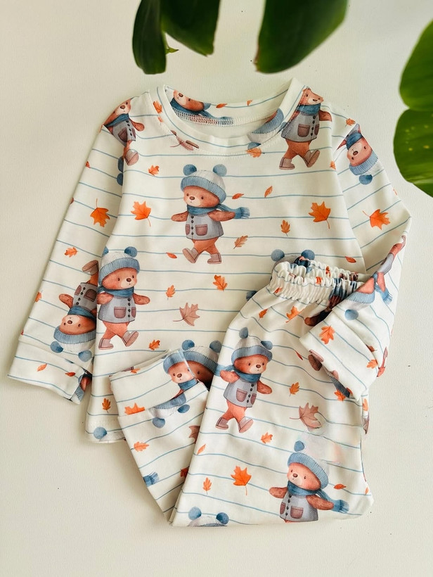 خرید ست لباس راحتی بچگانه آستین بلند با چاپ خرس راه راه/ سایز 35 تا 50 مناسب 1تا 6 سال