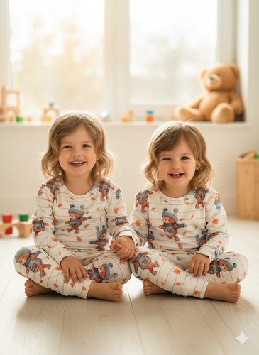 خرید ست لباس راحتی بچگانه آستین بلند با چاپ خرس راه راه/ سایز 35 تا 50 مناسب 1تا 6 سال