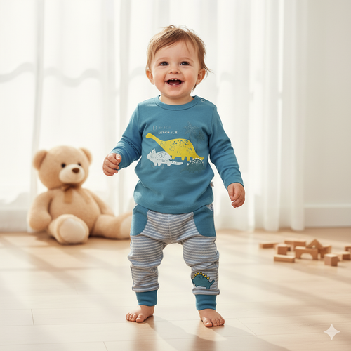 خرید لباس سرویس تکه باز نوزادی پارچه پنبه طرح دایناسور | لباس نوزاد از بدو تولد تا 1 سال