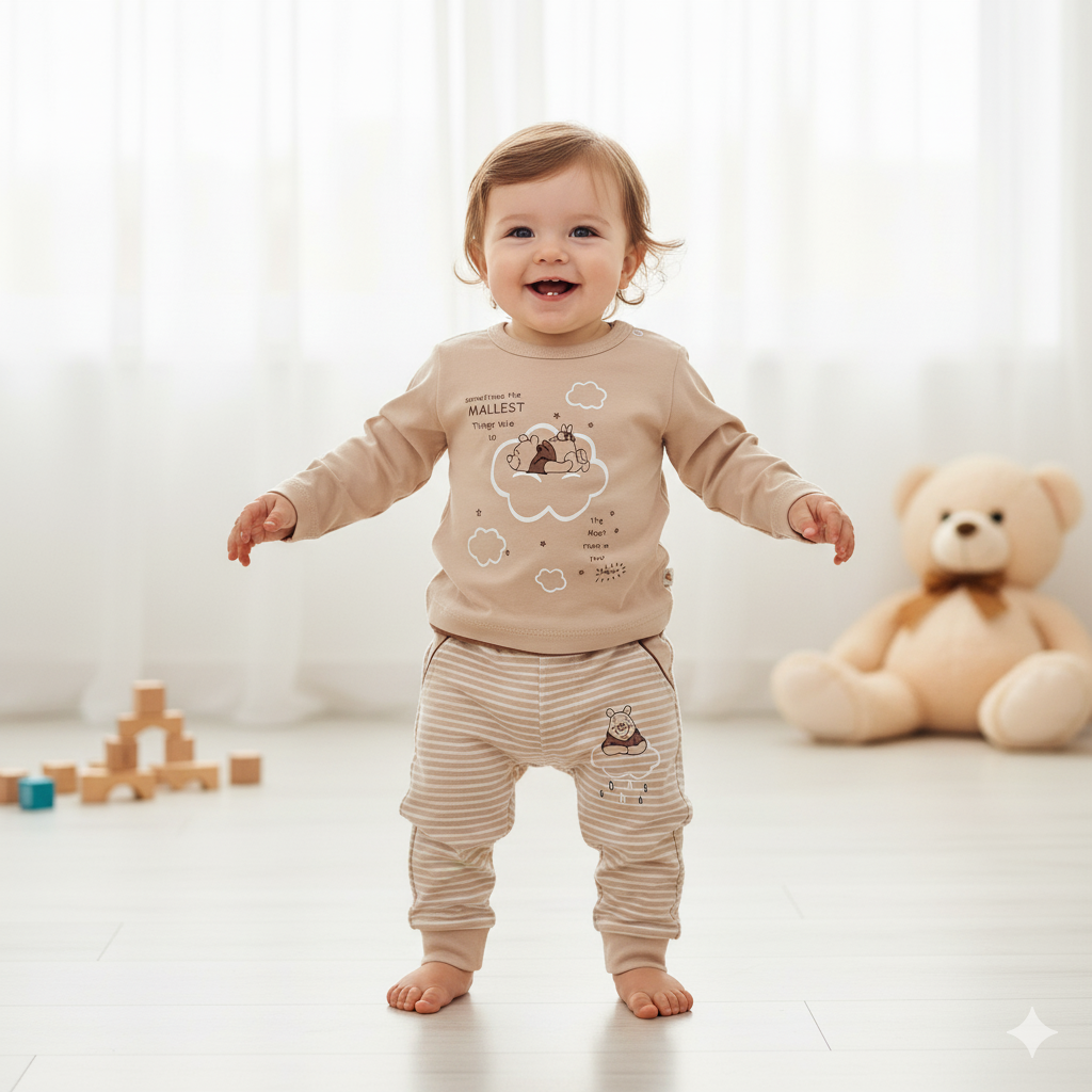 خرید لباس سرویس تکه باز نوزادی پارچه پنبه طرح پو | لباس نوزاد از بدو تولد تا ۱ سال