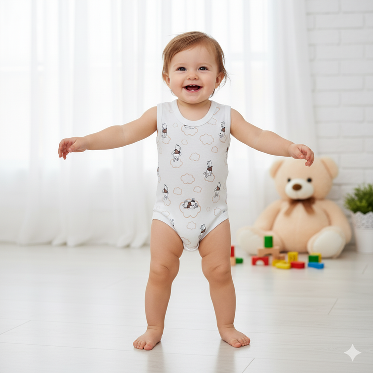 خرید لباس سرویس تکه باز نوزادی پارچه پنبه طرح پو | لباس نوزاد از بدو تولد تا ۱ سال