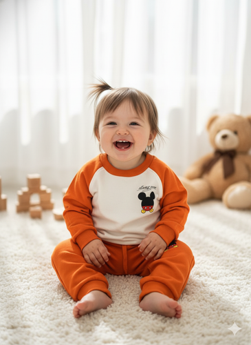 خرید ست بلوز و شلوار نوزادی جنس دورس پنبه آستین رگلان میکی موس مناسب نوزاد تا 6 ماهگی