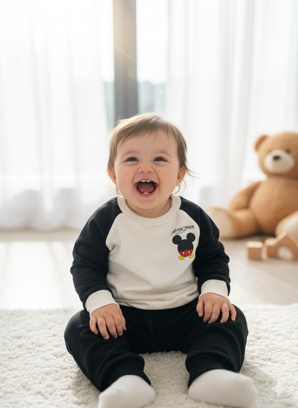 خرید ست بلوز و شلوار نوزادی جنس دورس پنبه آستین رگلان میکی موس مناسب نوزاد تا 6 ماهگی