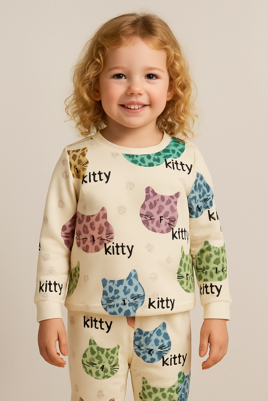 خرید اینترنتی لباس راحتی بچگونه جنس پنبه کیتی سایزبندی 35 تا 60 مناسب سنین 1.5 تا 8 سالگی