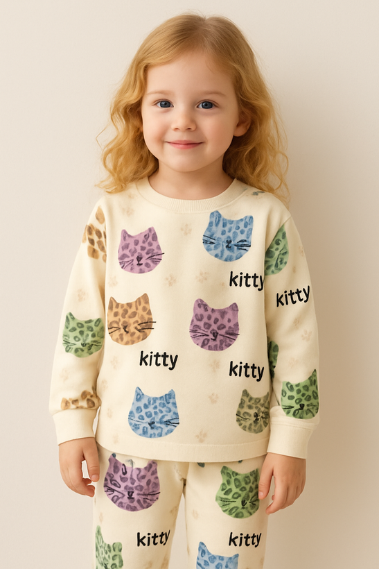 خرید اینترنتی لباس راحتی بچگونه جنس پنبه کیتی سایزبندی 35 تا 60 مناسب سنین 1.5 تا 8 سالگی