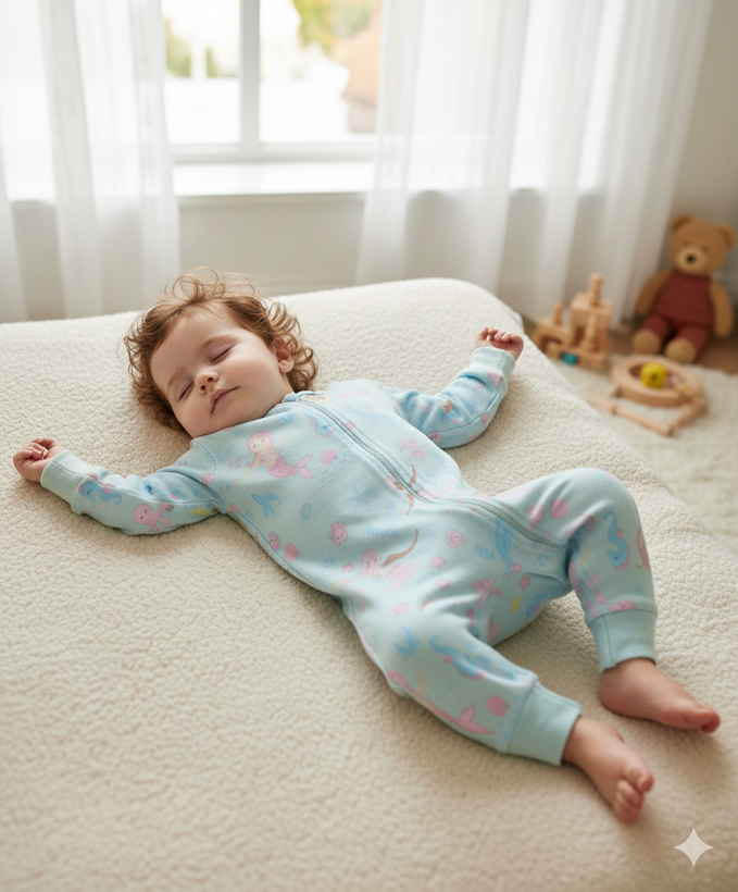 خرید سرهمی نوزادی دخترانه زیپی نخی سایزبندی بدو تولد تا 3 سالگی طرح پری دریایی از برند h&m رنگ آبی آسمانی جاپدار