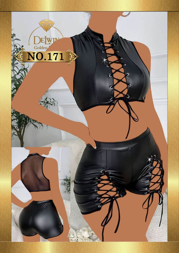 لباس خواب دوتیکه براق بندی کراپ شورتک دامنی