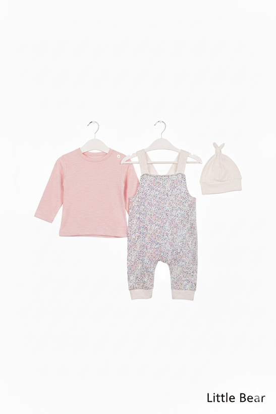 خرید آنلاین 3 تکه نوزادی پنبه دخترانه شامل بیلر، بلوز و کلاه در سایزبندی نوزاد تا 6 ماه