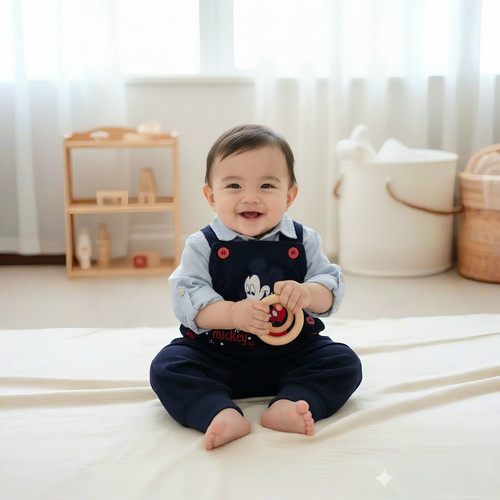 شلوار پیشبندی نوزادی جنس مخمل کبریتی وارداتی طرح میکی موس سایزبندی 3 تا 6 ماه