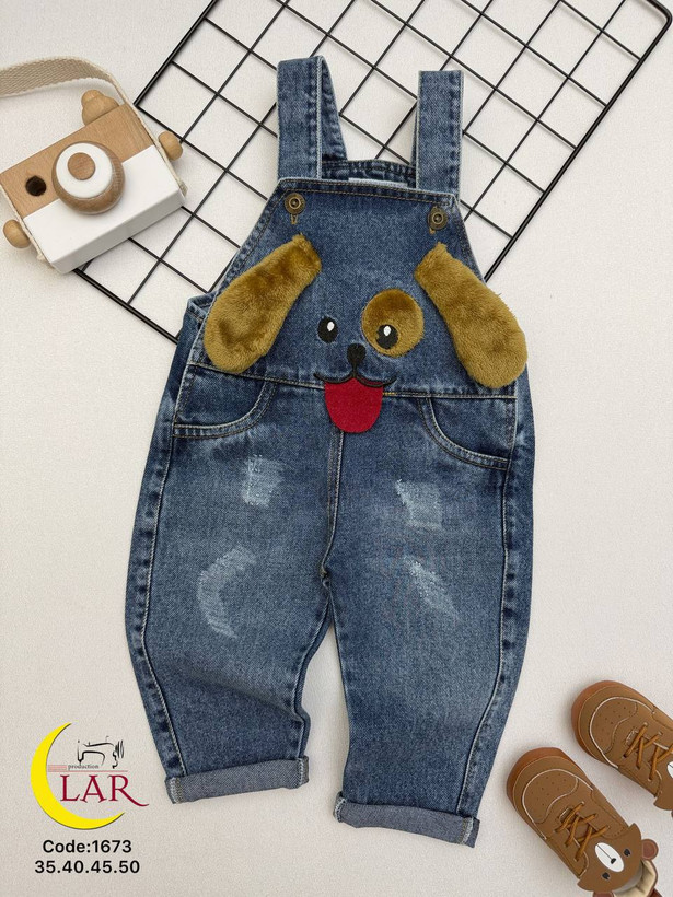 خرید بیلر جین بچگانه طرح گلدوزی سگ گوش دراز | سرهمی جین پسرانه و دخترانه | رنگبندی آبی