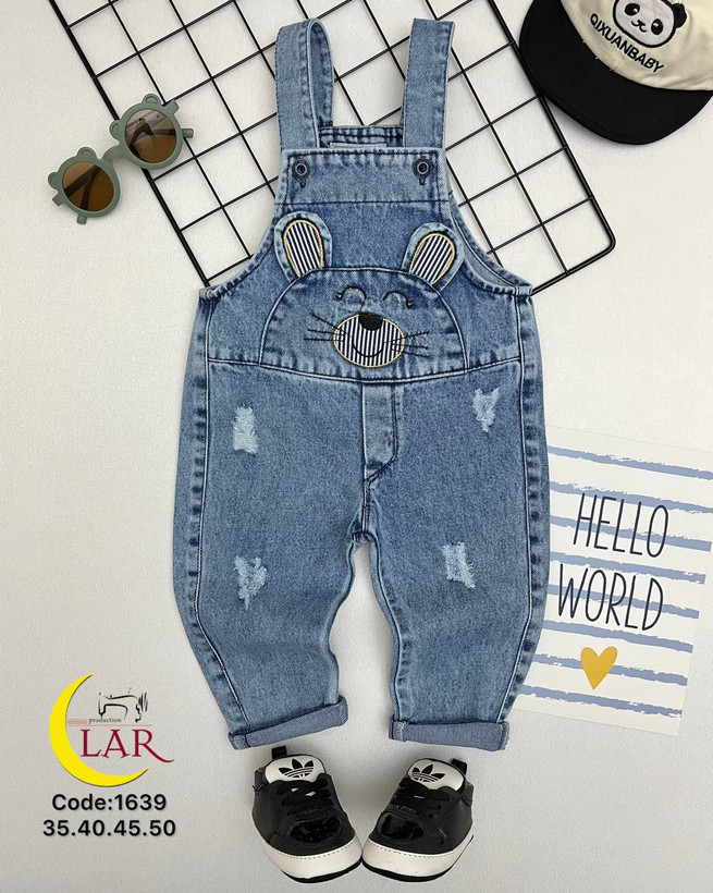 خرید بیلر جین بچگانه طرح موش موشی| سرهمی جین پسرانه و دخترانه | رنگبندی آبی