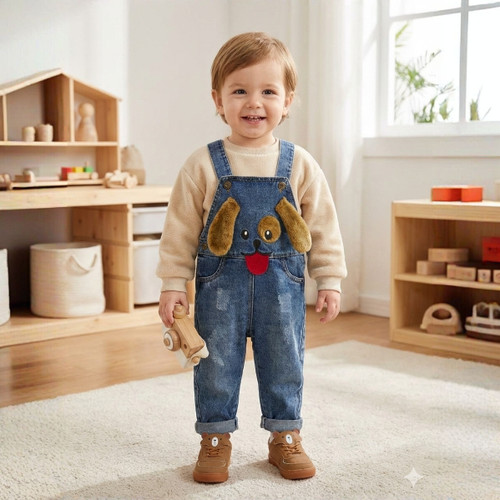 خرید بیلر جین بچگانه طرح گلدوزی سگ گوش دراز | سرهمی جین پسرانه و دخترانه | رنگبندی آبی