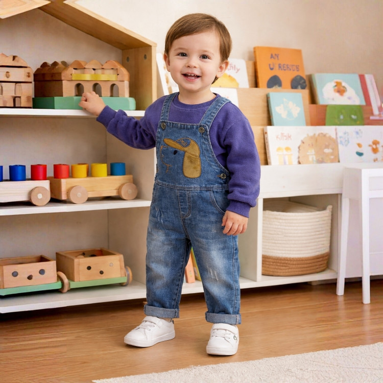 خرید بیلر جین بچگانه طرح گلدوزی سگ کلاه دار | سرهمی جین پسرانه و دخترانه | رنگبندی آبی و ذغالی