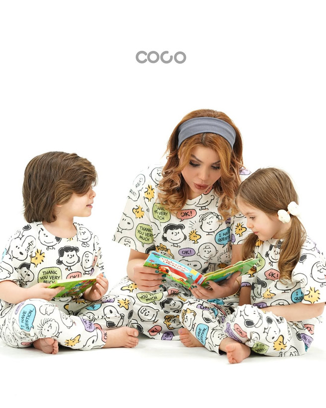 خرید لباس راحتی مادر و کودک جنس پنبه چاپ اسنوپی مناسب سنین 1.5 تا 8 سال و سایز free مناسب 36 تا 48