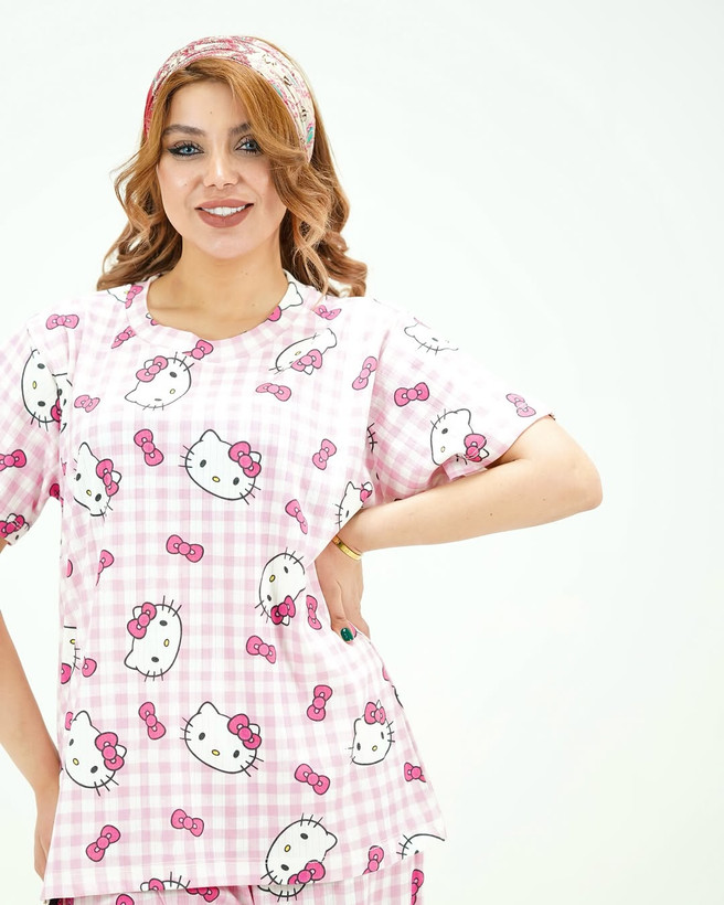 خرید لباس راحتی مادر و کودک جنس پنبه چاپ کیتی مناسب سنین 1.5 تا 8 سال و سایز free مناسب 36 تا 48