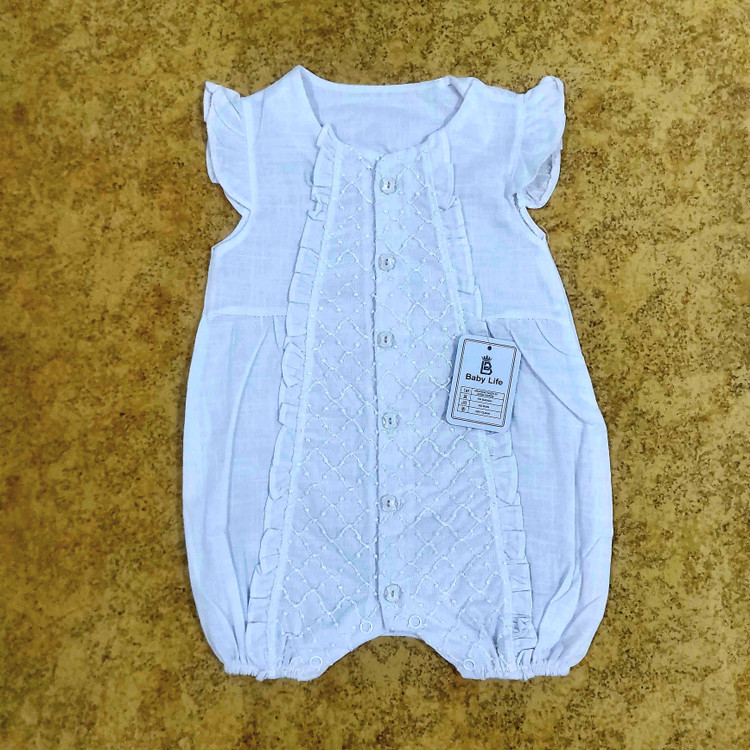 خرید رامپر لینن پنبه دخترانه طرح خامه دوزی از برند بی بی لایف مناسب سنین 6 الی 24 ماهگی