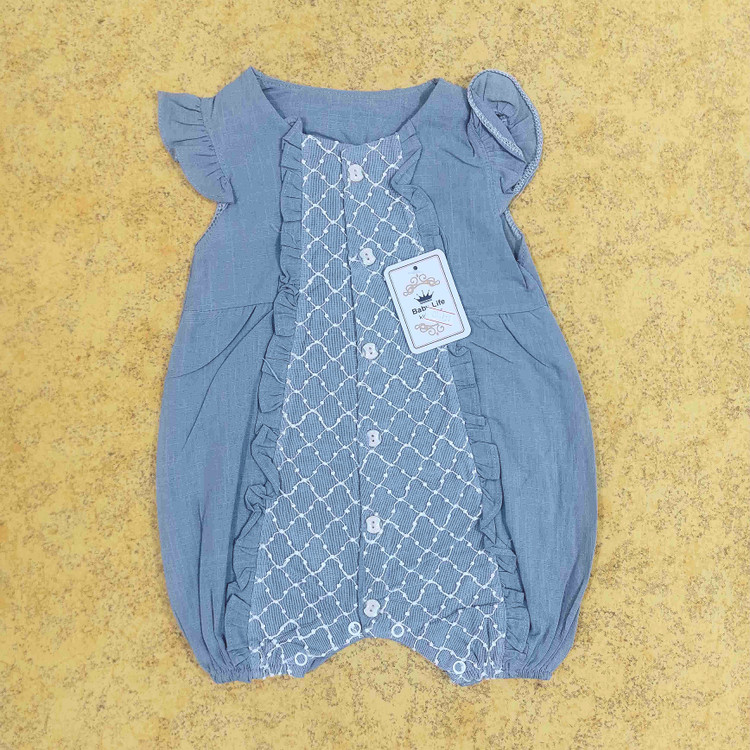 خرید رامپر لینن پنبه دخترانه طرح خامه دوزی از برند بی بی لایف مناسب سنین 6 الی 24 ماهگی